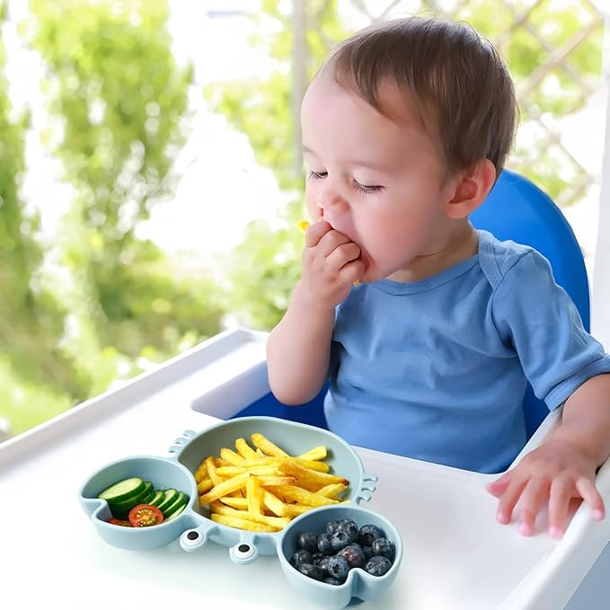 PandaEar 2 Pack Silicone Suction Plate for Baby, Divided Unbreakable Toddler Food Plate with 2 Pack Spoons for Self Feeding, Toddler Utensils Feeding Set Baby Eating Supplies, Crab Shape (Blue&Pink)