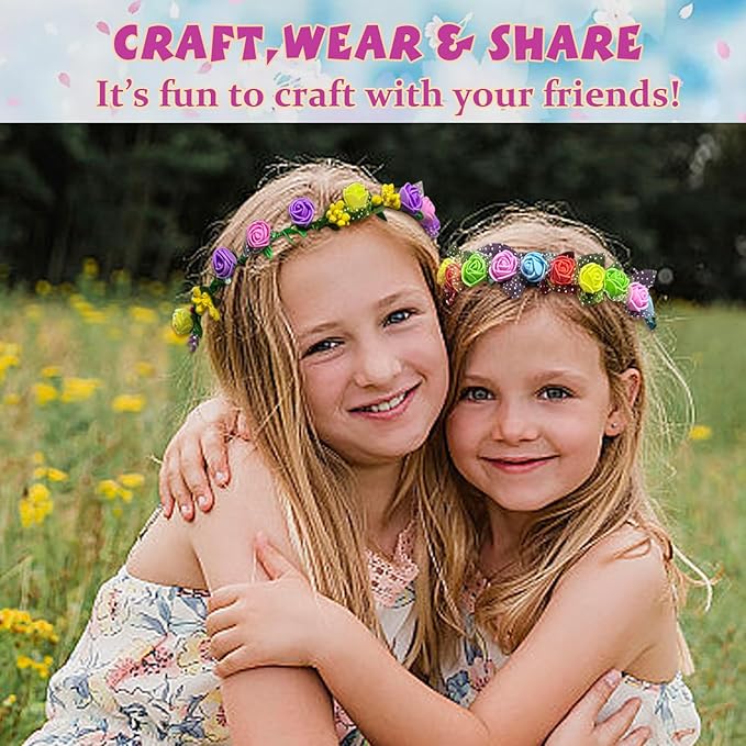 WUBOMJIO DIY Flower Crown Crafting Kit(Rose Theme), Make Your Own 12PC Floral Crown Garland Kit, Presents for Kids Ages 6 7 8 9 10 Years Old and Up