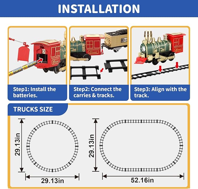 JUQU Train Set-Electric Train Sets for Boys Toddlers Classical Train Toys,Battery-Powered Locomotive Engine with Sound and Lights, 3 Cars &10 Tracks, Christmas Toy Train for Age 3 4 5 6 Years Old Kids
