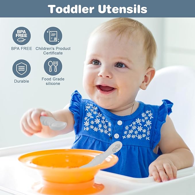 Silicone Baby Spoons Self Feeding 6+ Months 3PCS Toddler Forks and Spoons Utensils Baby Led Weaning Teething Spoon Infant Spoons First Stage Newborn Baby Essentials Baby Gifts BPA FREE Grey