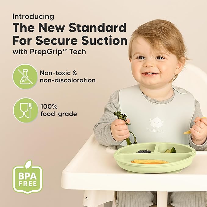 KeaBabies Suction Plates for Baby, Toddler - 3-Pack 100% Silicone Toddler Plates, Divided Baby Plates with Suction, Silicone Plates for Baby, Kids, BPA-Free, Microwave, Dishwasher Safe (Olives)