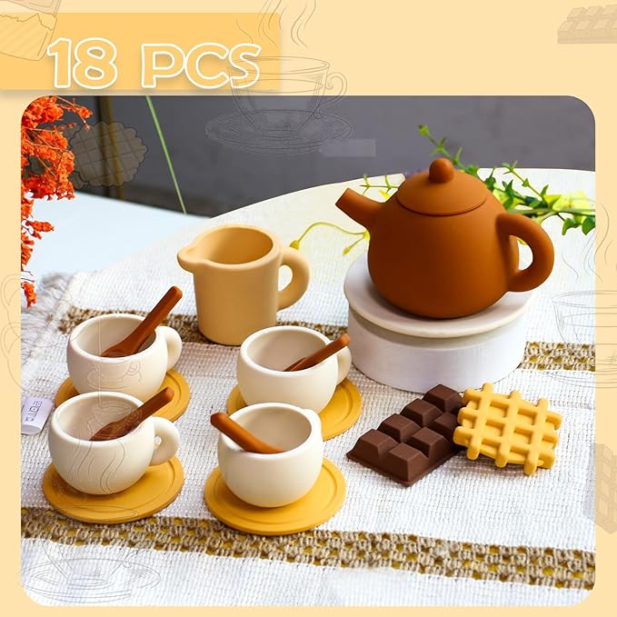 Silicone Tea Party Set, Toy Tea Set for Girls Kids ToddlersTea Set with Tea Pot Cups Food(Chocolate and Waffles), Pretend Play Kitchen Accessories(Brown)