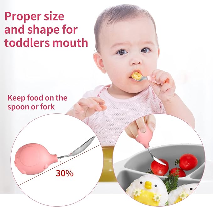 Deejoy Toddler Utensils, Toddler Spoons and Forks, Stainless Steel Spoon Toddler Silverware Set, Kids Silverware Self Feeding Flatware Set with Travel Safe Case for Kids (Pink)