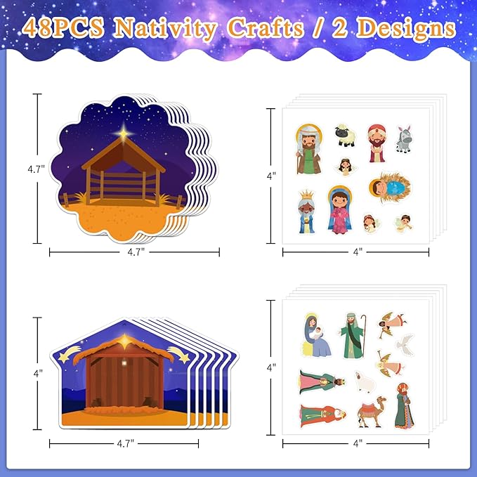 FaCraft 48PCS Christmas Nativity Sticker - Christmas Nativity Crafts for Kids Make a Nativity Scene Stickers Ornaments Nativity Set for Sunday School Religious Christian Xmas Party Favor Gifts
