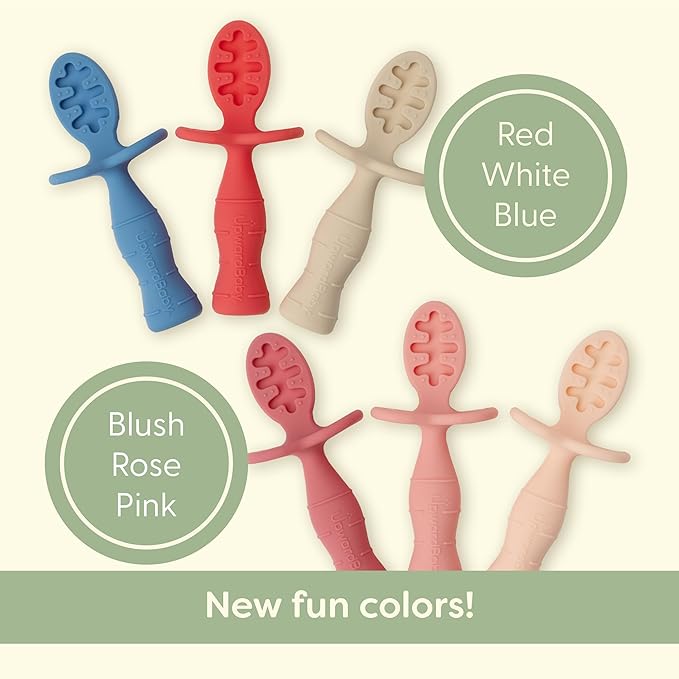 Upward Baby Spoons Self Feeding 6+ Months - 3 Pack, Chewable Toddler Utensils with Anti Choke Barrier, Baby Feeding Essentials, Baby Spoons 4 months, Silicone Baby Spoons, Pink