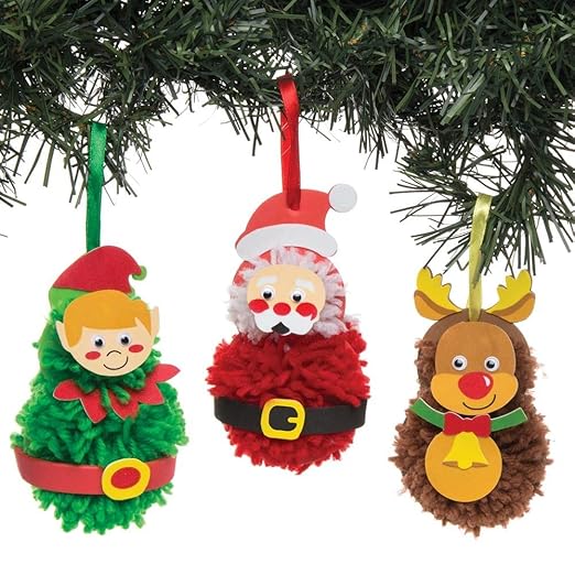 Baker Ross AR752 Christmas Pom Poms Ornament - Pack of 3, Creative Christmas Art and Craft Supplies for Kids to Make and Decorate