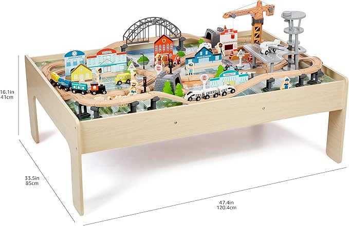 Amazon Basics 120 Piece Wooden Train Set and Table-kids Gift for Age 3Y+, Multi, Product dimensions: 47.4 x 33.46 x 16.14 inches