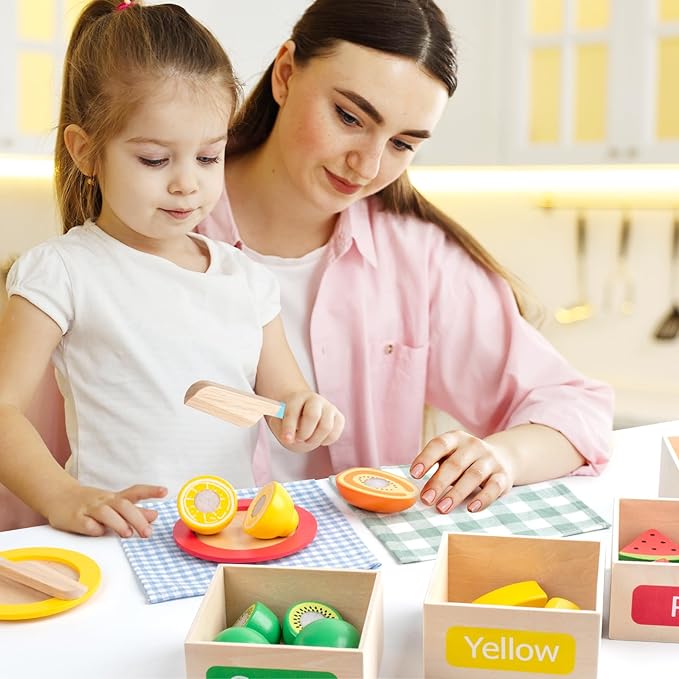 Wooden Play Food Sets for Kids Kitchen Accessories, Velcro Fruit and Veggies Cutting Set for Kids, Pretend Play Food for Toddlers, Montessori Color Sorting Toys for Girls Boys