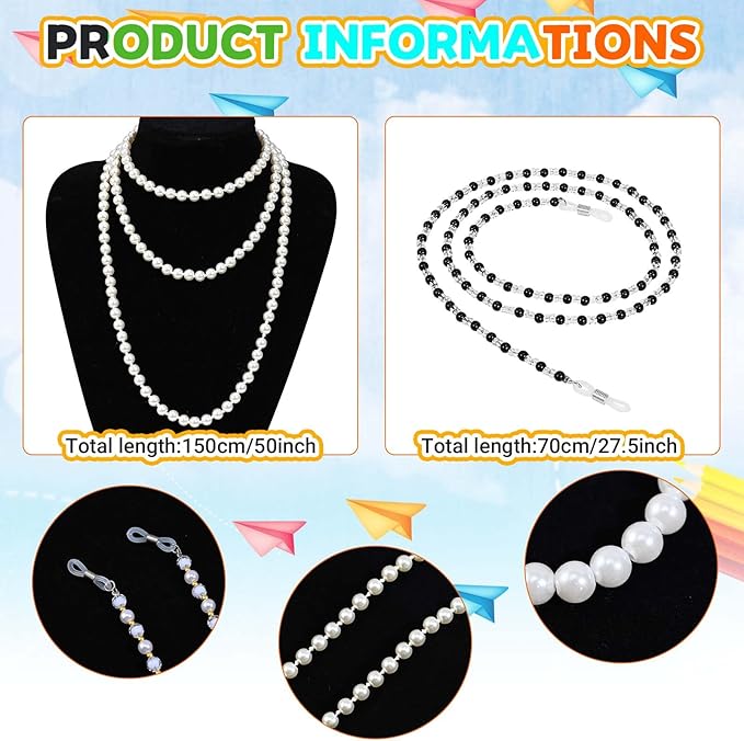 Kavoc 4Pcs Old Lady Costume Accessories Granny Grandma Dress up Eyeglasses Beaded Chain Faux Pearl Bead Necklace and Bracelet