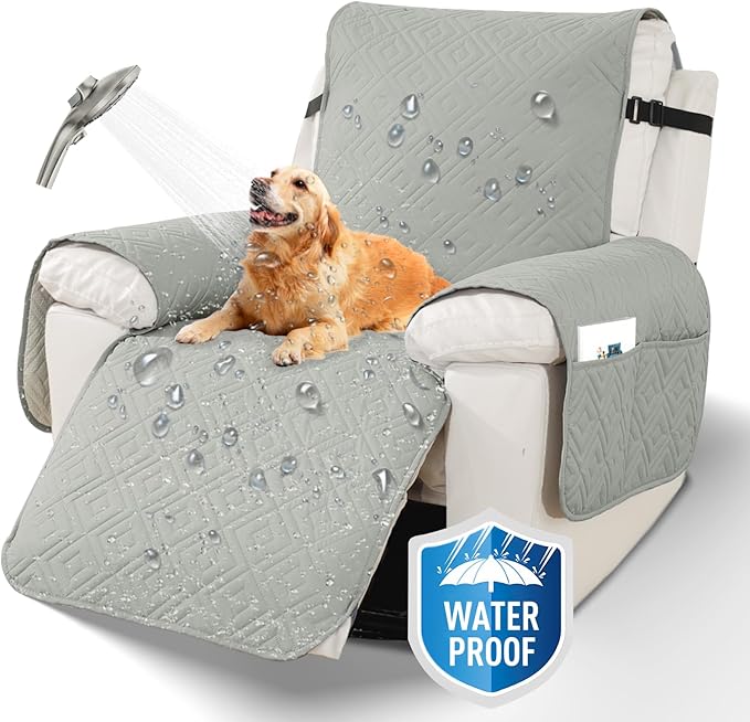 XINEAGE 100% Waterproof Recliner Cover, Non Slip Recliner Chair Cover with Elastic Band, Washable Recliner Slipcover with Storage Pockets for Kids, Pets (Light Gray, 23")