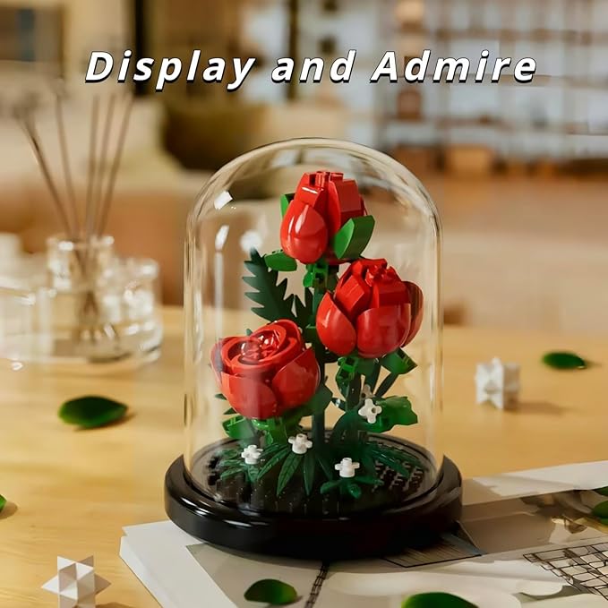 Red Rose Flowers Micro Bricks Building Set with Dust Cover,Artificial Flowers Botanical Collection for Home Decor, Creative Gifts for Adults Women Boys Girls,254 Pieces