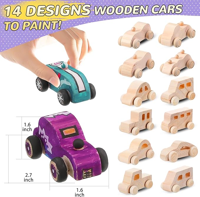 WOWOSS 14 Pcs Wooden Cars to Paint, Unfinished Wooden Craft Painting Toys for Students, Race Car Paint Party Birthday Party Favors, with 3 Sets of Paint & 5 Car Sticker Sheets