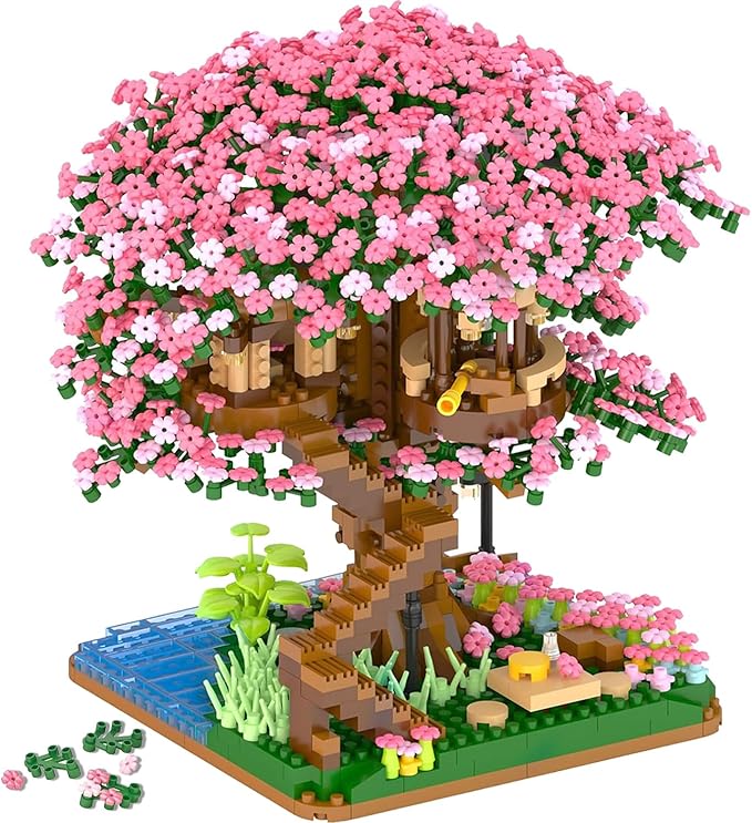 Peach Blossom Pond Micro Building Blocks Set Toys for Kids and Adults, Mini Cherry Bonsai Tree House with LED String Lights DIY Japanese Sakura Street Model Chinese Bricks Architecture Kit Teens Gift