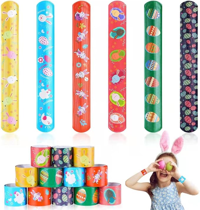 48pcs Easter Slap Bracelets Easter Egg Bunny Snap Bracelet Party Favor Toys for Kids Easter Basket Stuffers Egg Filler Classroom