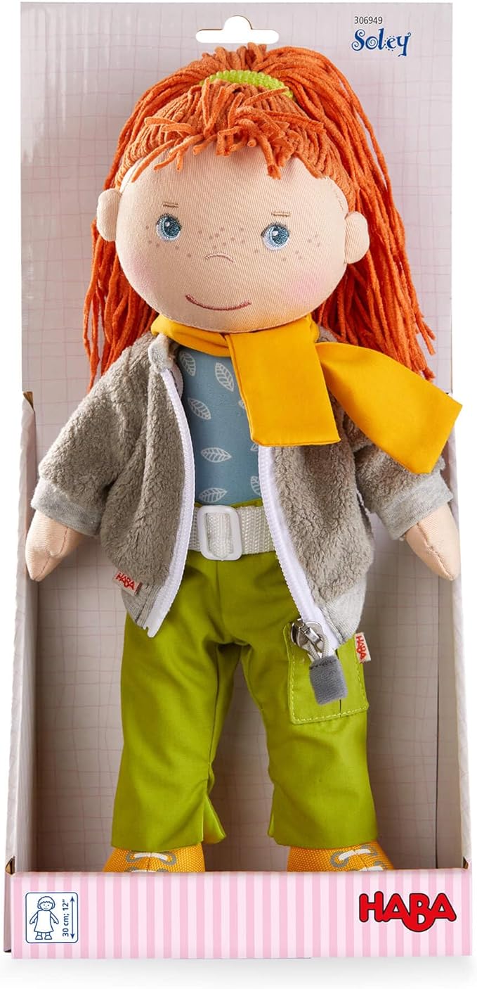 HABA Soley 12" Soft Doll with Red Hair, Embroidered Face, Removable Pants and Jacket - Machine Washable for Ages 18 Months +
