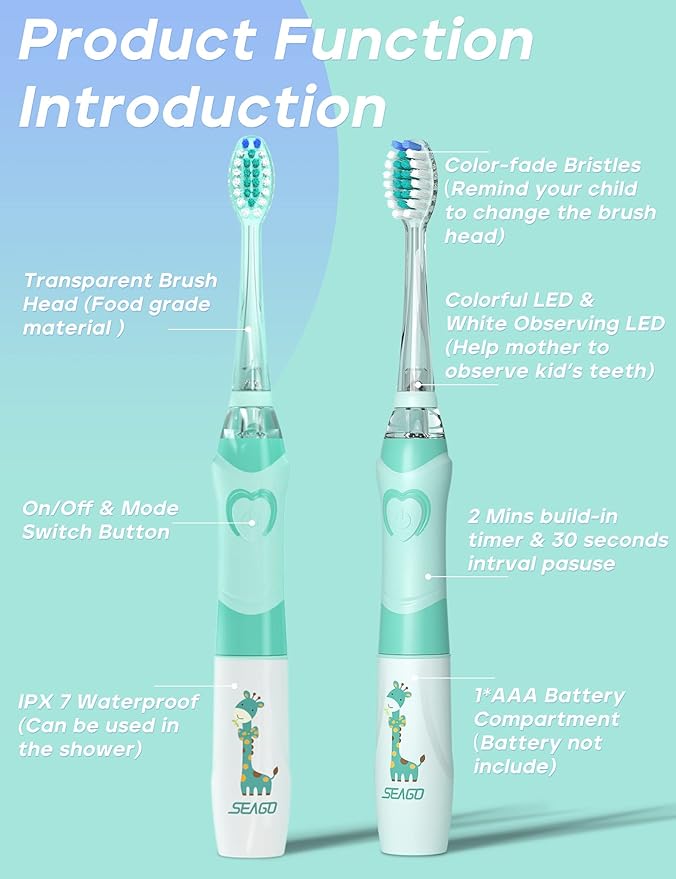 SEAGO Kids Electric Toothbrush with 2 Mins Brushing Timer and 4 Replacement Bursh Heads, Rainbow LED Light Make Brushing Fun, Green Color Boys Battery Powerd Toothbrush for 4-12 Years Old，SG-977