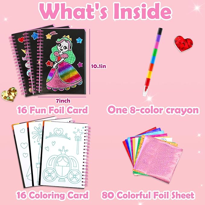 FUNNYB&G Art Craft Activity for Kids: Foil Art Princess DIY Toy Kit, No Mess Creative Travel Supply Set, Idea Birthday Christmas Valentine Gift for Girl Boy Children 4 5 6 7 8 9 Year Old