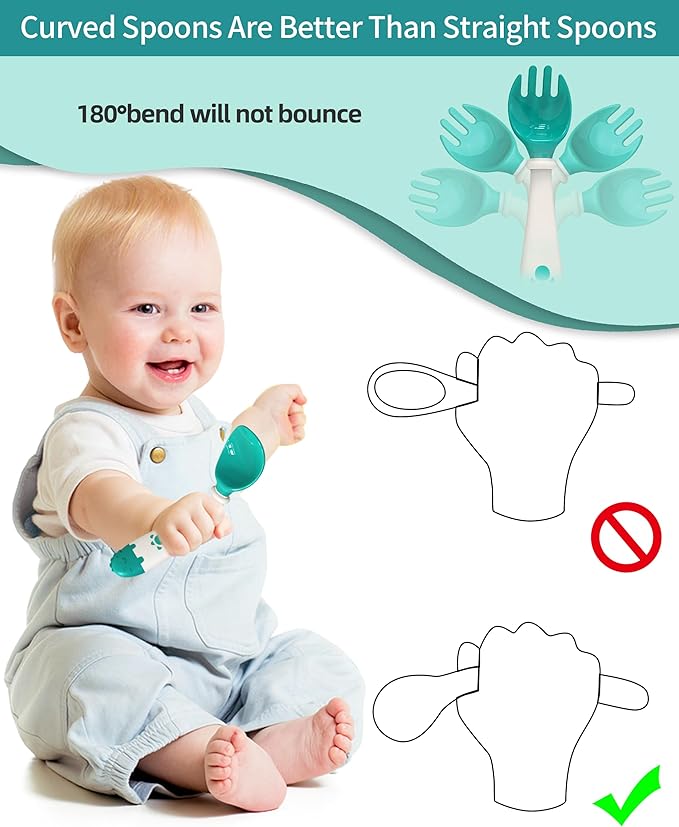 Deejoy Toddler Utensils, Self-feeding Flatware Set withTravel Case, Baby Spoons and Forks with Silicone Bendable Handle, Easy Grip Heat-Resistant, Ideal for Kids, Stage 2 (Green)