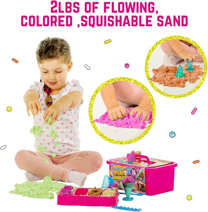 GirlZone Ice Cream Shop Play Sand for Kids, 22pcs Moldable Sand Kit - Serving Tools, Glasses, Spoon, Decorations, Stickers & 2lbs Colorful Sand, Fun Kids Sensory Toys, Ideal Easter Gifts for Kids
