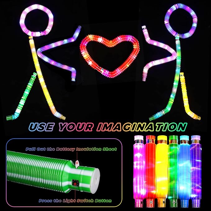 Gigilli Glow Sticks for Kids 6 PCS, Light up Pop Tubes Sensory Fidget Toys, Valentines Day Party Favors for Kids 8-12 4-8, LED Glow Bracelet Necklace for Boys Girls, Glow in the Dark Birthday Gifts