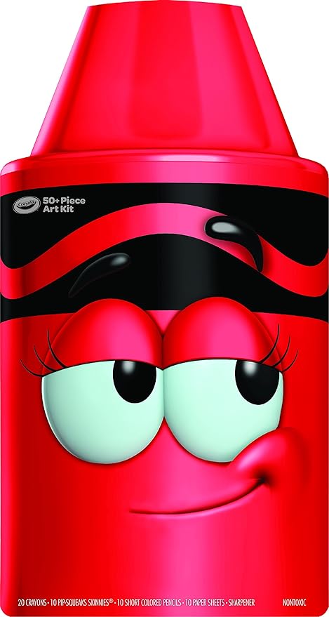 Crayola Tip 50 Piece Art Kit, Scarlet Art Gift for Kids 5 & Up, Includes Crayons, Pip-Squeaks Markers, Colored Pencils, Paper Sheets & Dual-Purpose Sharpener in Tip Character Travel Case