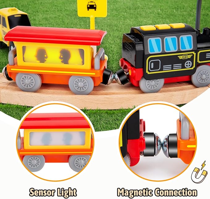 Battery Operated Locomotive Train Set for Wooden Train Tracks, Electric Train Toys for Toddlers Magnetic Connection, Powerful Engine Bullet Train Set Compatible with Thomas, Brio, Melissa and Doug 3Y+