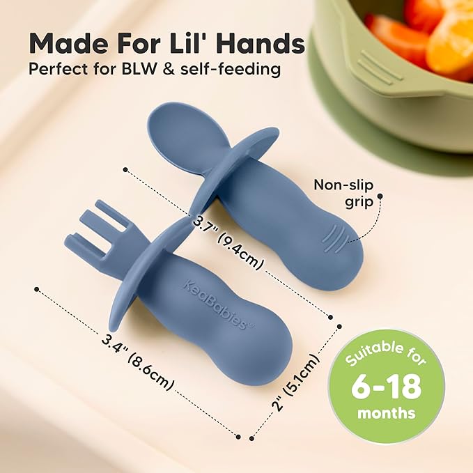 KeaBabies 4-Pack Silicone Baby Spoons and Forks Set - Baby Spoon Self Feeding, BLW Baby Utensils 6-12 Months, Baby Led Weaning Feeding Spoon, Teething Infant Baby First Food Training Pre Spoon(Slate)