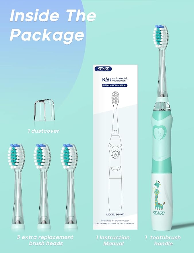 SEAGO Kids Electric Toothbrush with 2 Mins Brushing Timer and 4 Replacement Bursh Heads, Rainbow LED Light Make Brushing Fun, Green Color Boys Battery Powerd Toothbrush for 4-12 Years Old，SG-977