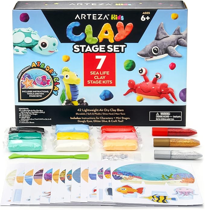 Arteza Kids Air Dry Clay, 42 Bars, Sea Life Stage Modeling Clay Kit, 14 Mini-Stages, 18 Googly Eyes, 3 Glitter Glues, 1 Craft Tool, 7 Instruction Sheets, Craft Supplies for Learning and Developing