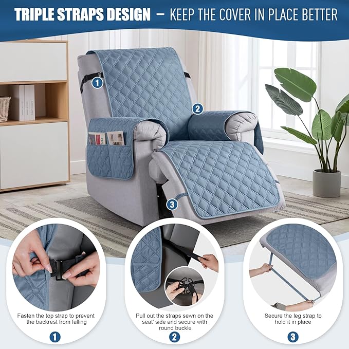 TAOCOCO 100% Waterproof Recliner Covers, Recliner Sofa Covers with Leg Straps, Reversible Recliner Couch Cover for Reclining Chair, Washable Couch Protector for Pets Kids(1 Seater 28", Sky Blue)