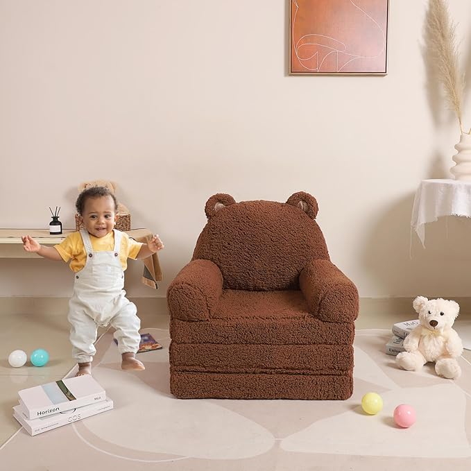 Foldable Kids Sofa, Sherpa Teddy Bear Toddler Couch with Tri Folding Foam Cushions, Comfy Kids Couch for Kids Age 18 Months and Up