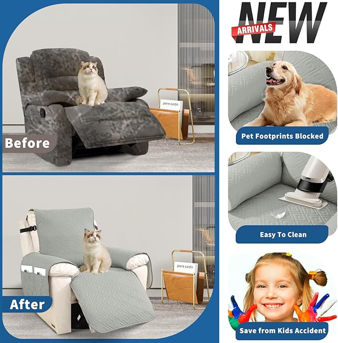 XINEAGE 100% Waterproof Recliner Cover, Non Slip Recliner Chair Cover with Elastic Band, Washable Recliner Slipcover with Storage Pockets for Kids, Pets (Light Gray, 28")