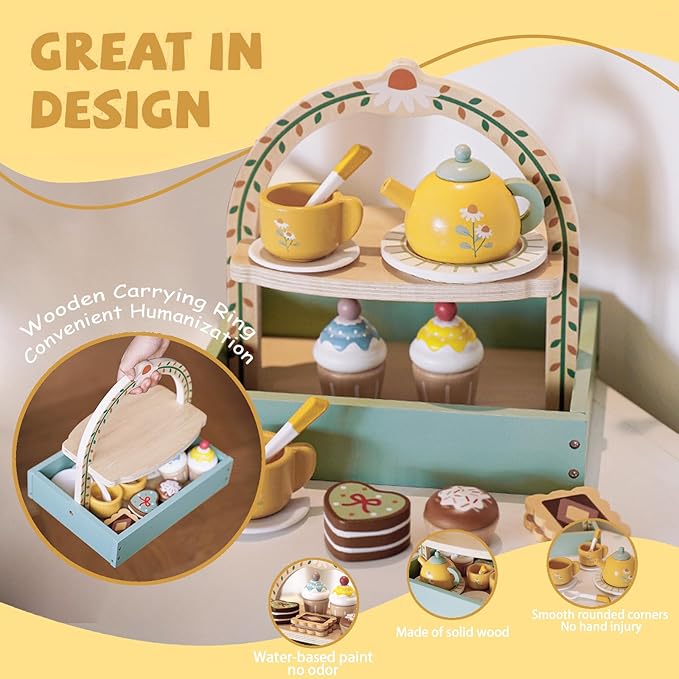 Tea Party Set，Tea Sets for Toddlers 3-5，Kids Tea Set with Dessert Cookies & Cake Stand, Non-Toxic Wooden Tea Party Set，Pretend Play Toys Toddler Tea Set for Girls Birthday Gifts