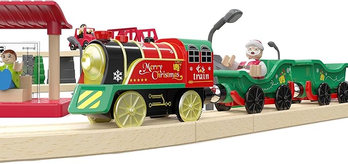 Electric Train Set for Wooden Tracks, Battery Powered Trains Toy with Lights & Sounds for Toddlers, Motorized Train for Kids Compatible with Thomas & Friends, Brio, Chuggington