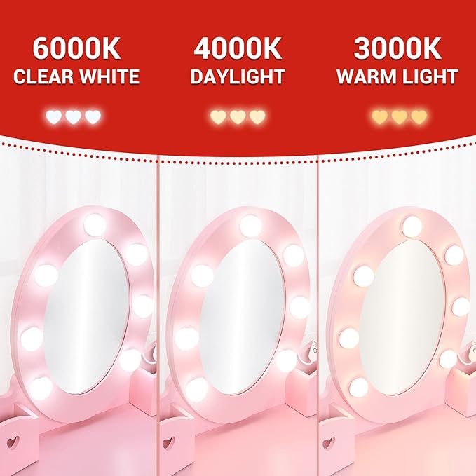 Kids' Vanity Set with Mirror and Light, Makeup Table and Stool for Girls, Vanity Table and Chair Set with Wood Makeup Playset for 4-9 Girls, Pink （Batteries Not Included）