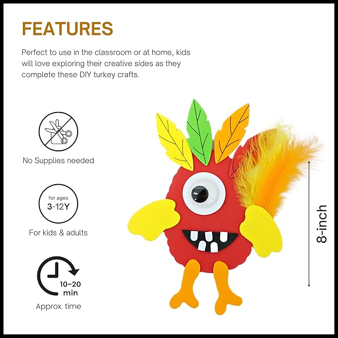 4E's Novelty Monster Turkey Crafts for Kids (12 Pack) Halloween Bulk Foam Magnet Craft Kit, Thanksgiving Crafts for Kids 4-8, 3-12, Thanksgiving Activities for Kids