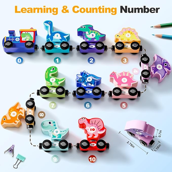 Magnetic Wooden Train Toys for 2 Year Old Boy Gifts, Snap Matching Dinosaur Toy Train for Toddlers 3-5, Dinosaur Toys for Kids 2-4 - Learning Montessori Toys for Toddler Boy Girl Birthday Gifts
