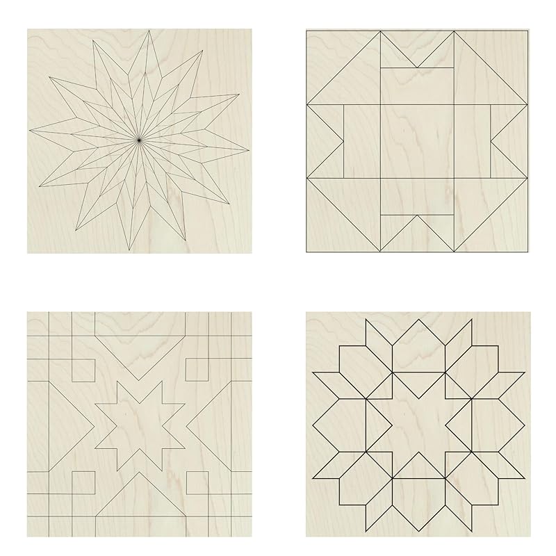 Set of 4 Coasters Small Barn Quilt Kit DIY Pattern Unfinished Wood Quilting Block Sign Paintable Art for Adults and Kids (Starburst, Aesthetic Triangles, Cottage Chic Star, Swoon,)