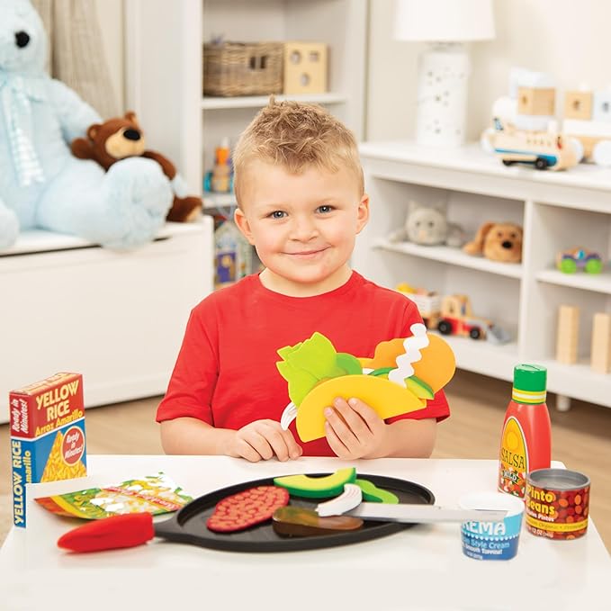 Melissa & Doug Fill & Fold Taco & Tortilla Set, 43 Pieces – Sliceable Wooden Mexican Play Food, Skillet, and More Taco Play Food Set, Pretend Kitchen Toy For Kids Ages 3+ - FSC-Certified