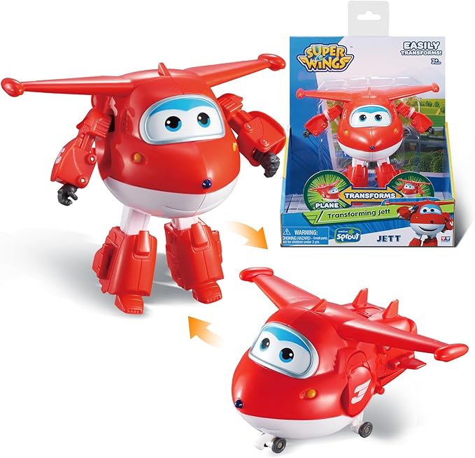 Super Wings Toys, Jett Transformer Toys 5 Inch, Airplane Toy for Kids 3-5 Years Old, Transforming from Toy Jet to Robot, Real Mobile Wheels, Birthday Party Supplies for Preschool Boys and Girls Red