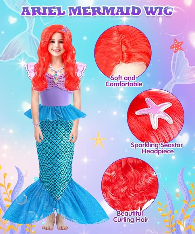 Mermaid Costume Dress, Mermaid Princess Dress for Girls with Wig Headband Necklace for Birthday Party Cosplay