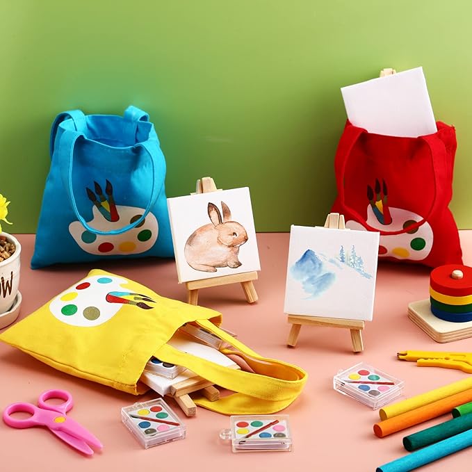 Zhengmy 12 Sets Watercolor Paint Art Party Favors Mini Paint Sets Canvas Tote Bags Goodie Bags 3'' x 3'' Painting Canvas Panel with Wooden Easel Set for Valentine Sip and Paint Party