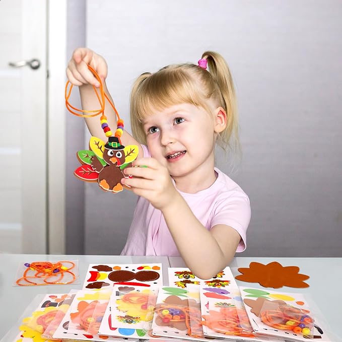 WorldBazaar Turkey Craft Kits For Kids 12 Pack Thanksgiving Turkey Necklace Crafts Bulk DIY Turkey kits Thanksgiving Party Activities Game