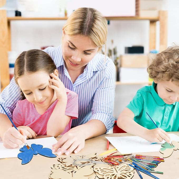 Fennoral 8 Pack 3D Butterfly Wind Chime Kit for Kids Make Your Own Butterfly Wind Chime Wooden Arts and Crafts for Kids DIY to Paint Butterfly Craft for Winter Spring Art Activity Birthday Party