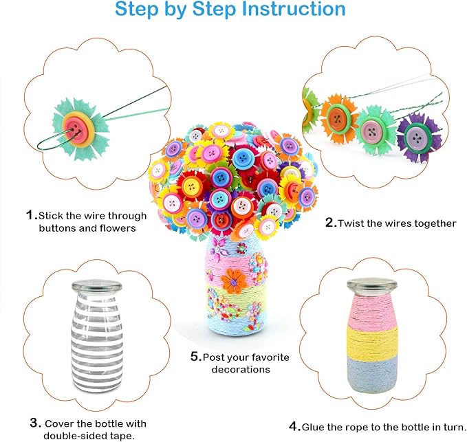 Crafts for Girls Ages 4-12 Gift Make Your Own Flower Bouquet with Buttons Felt Flowers, Valentines Day Gifts Vase Art and Craft for Kids- DIY Activity for Boys & Girls Age 6 7 8 9 10 11 12 Year Old