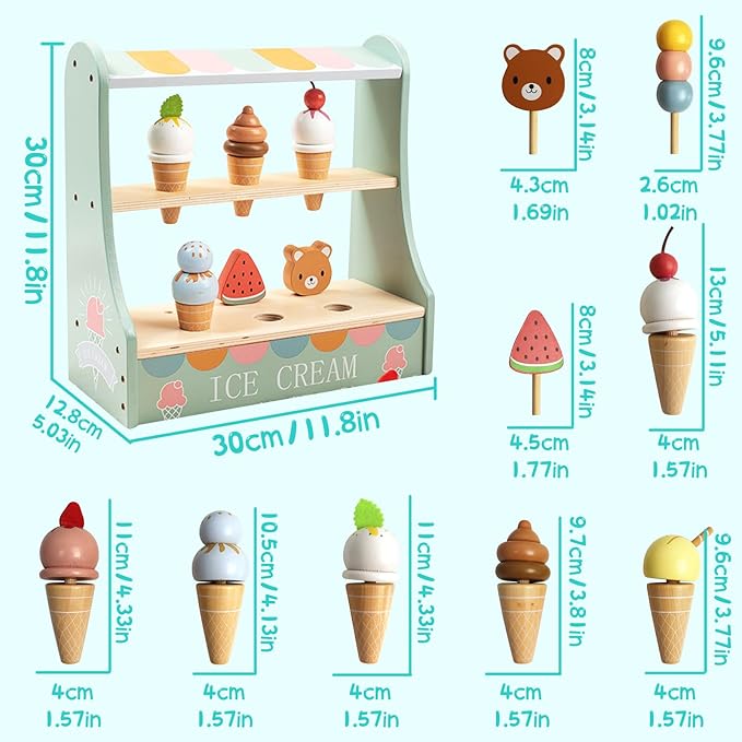 Wooden Ice Cream Play Set, Ice Cream Shop Playset for Skills Development, Ice Cream Toy,Ice Cream Play Set, Ice Cream Toy for Toddlers 3 4 5 6, for Girls and Boys