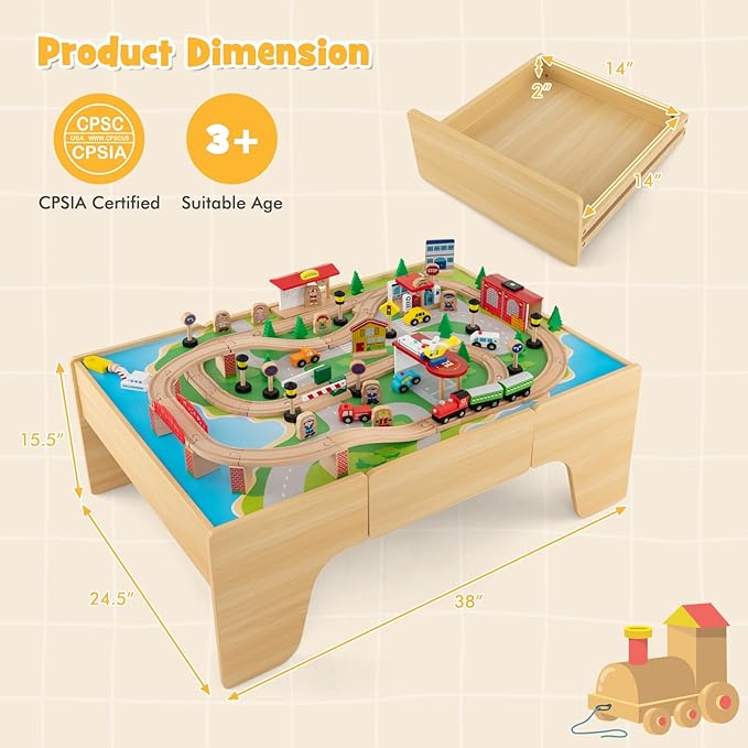 HONEY JOY Train Table, Wooden Kids Activity Table with Storage, 84 Multicolor Pieces, Tracks, Trains, Cars, Toddler Toy Train Table Set w/Reversible Tabletop, Gift for Boys Girls Ages 3+ (Natural)