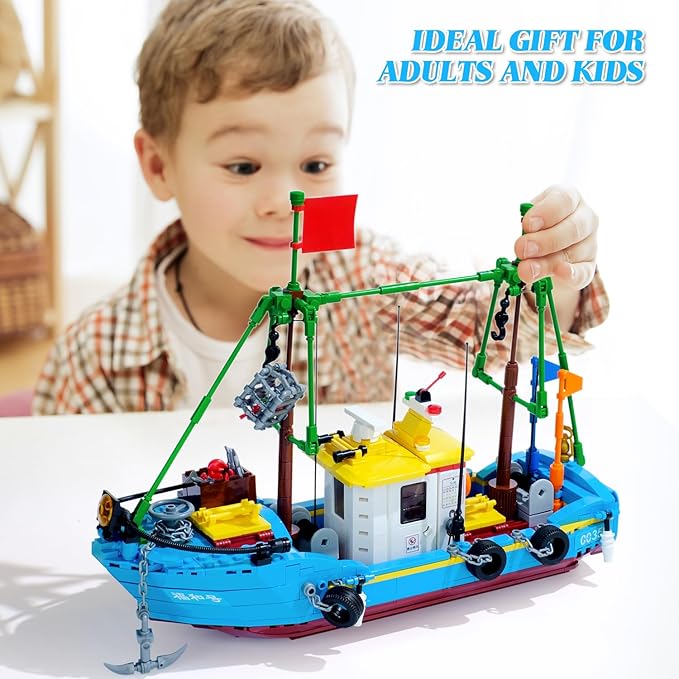 Fishing Boat Building Blocks Sets, Pirate Ship Sea Fishing Building Block Toy Set Collection Show, Creative Gifts Toys for Boys and Girl Ages 6-12 Years Old and up, 645 PCS