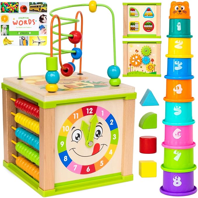 TOYVENTIVE Wooden Activity Cube, Montessori Toys for 1+ Year Old Girl, Multipurpose Educational Sensory Toy for Baby, Toddler, Kid | First Birthday Gift | Bonus First Words Book