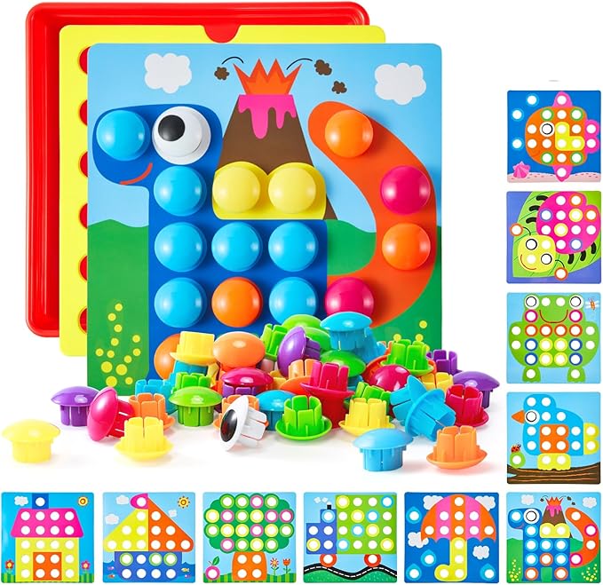 Geekper 68PCS Button Art Toys for Toddlers Color Matching Mosaic Pegboard, Early Learning Educational Toys for 3, 4, 5, 6 Year Old Kids Boys and Girls, 10 Pictures and 58 Buttons